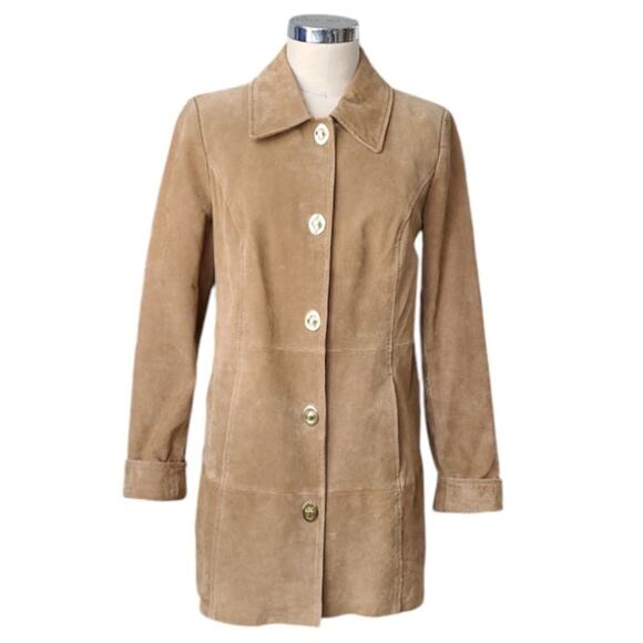 Dennis Basso Long Washable Suede Jacket Gold Turnkey Size XS Tan Boho Chic Indie - Picture 1 of 12